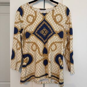 J. McLaughlin Blue and Gold Patterned 3/4  Sleeve Top